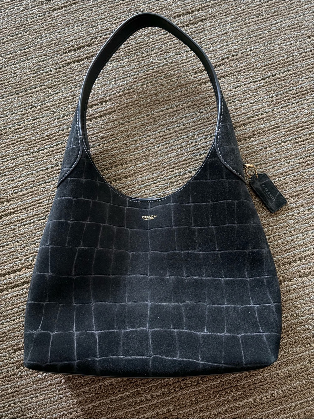 Coach Black Suede Croc-Embossed Shoulder Bag